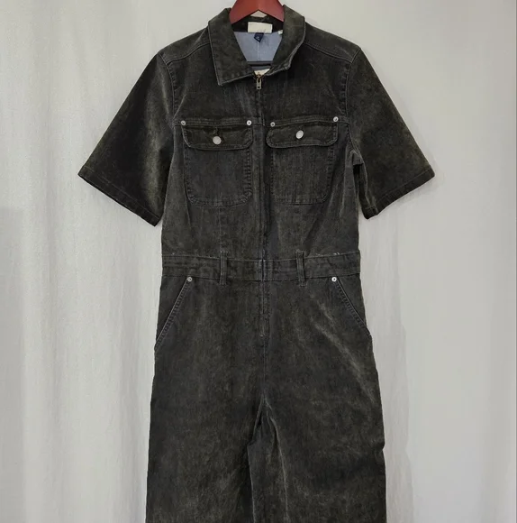 Universal Thread Short Sleeve Flocked Denim Jumpsuit in Olive Green Size 4 & 12 - Picture 4 of 12